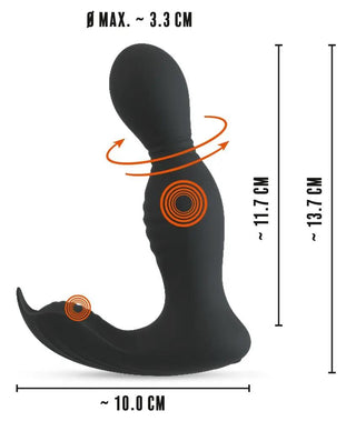 RC Buttplug 2 Funktioner är en elegant svart ergonomisk gadget med dubbla motorer för förbättrad rörelse, med dimensioner och vibrationsindikatorer i livfull orange, idealisk för precisionsstimulering av prostatan.