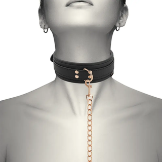 En person som bär den eleganta Coquette Fantasy – Halsband Med Koppel, en choker i svart läder med en guldkedja och små örhängen står mot en vit bakgrund.
